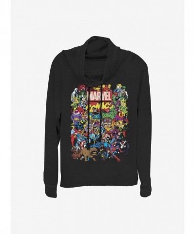 Marvel Girls' Lightweight Cowl Neck Sweatshirt - Entire Cast Design - Black
