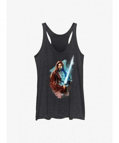 Obi-Wan Kenobi Graphic Tank Top for Girls - Black Raw Edge Design