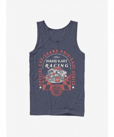 Super Mario Blue Checkered Cotton Tank Top - Men's Size