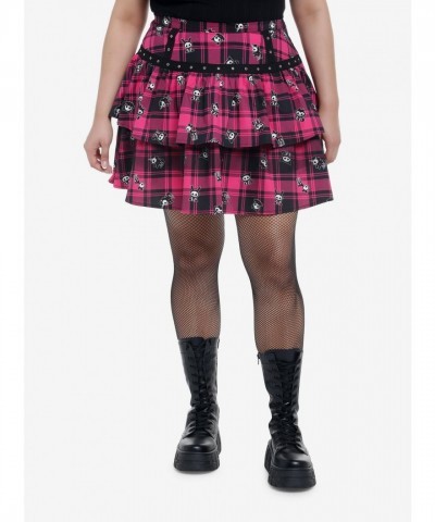 Skelanimals Pink Plaid Plus Size Tiered Skirt for Women